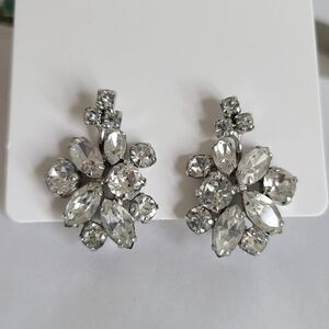 Vintage SHERMAN Silver Tone Chunky Crystal Cluster Stud Clip On Evening Earrings